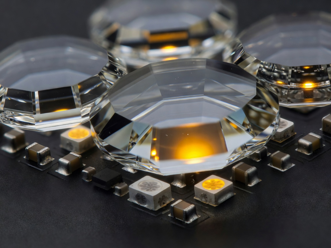 Close-up macro shot of TIR optical lenses and chip-scale packaging LEDs