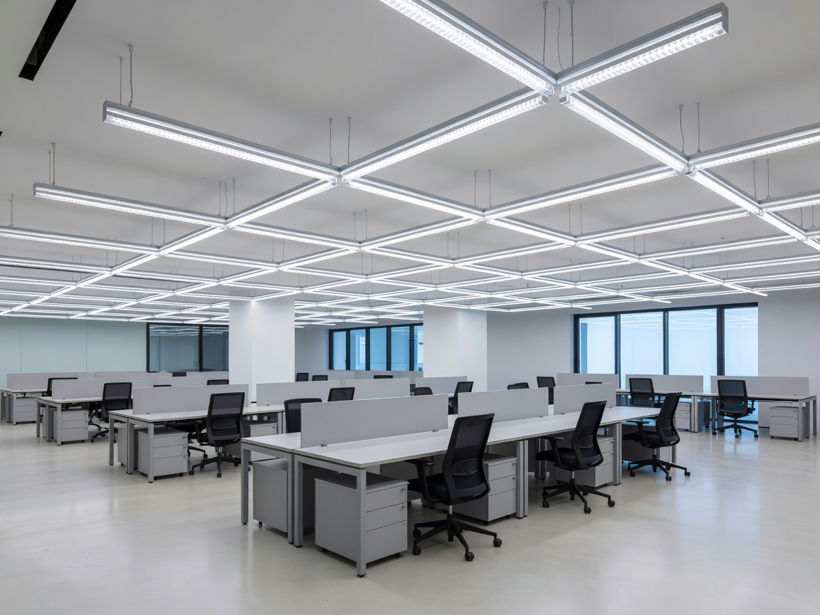 Modern open plan office with micro-prismatic pendant luminaires